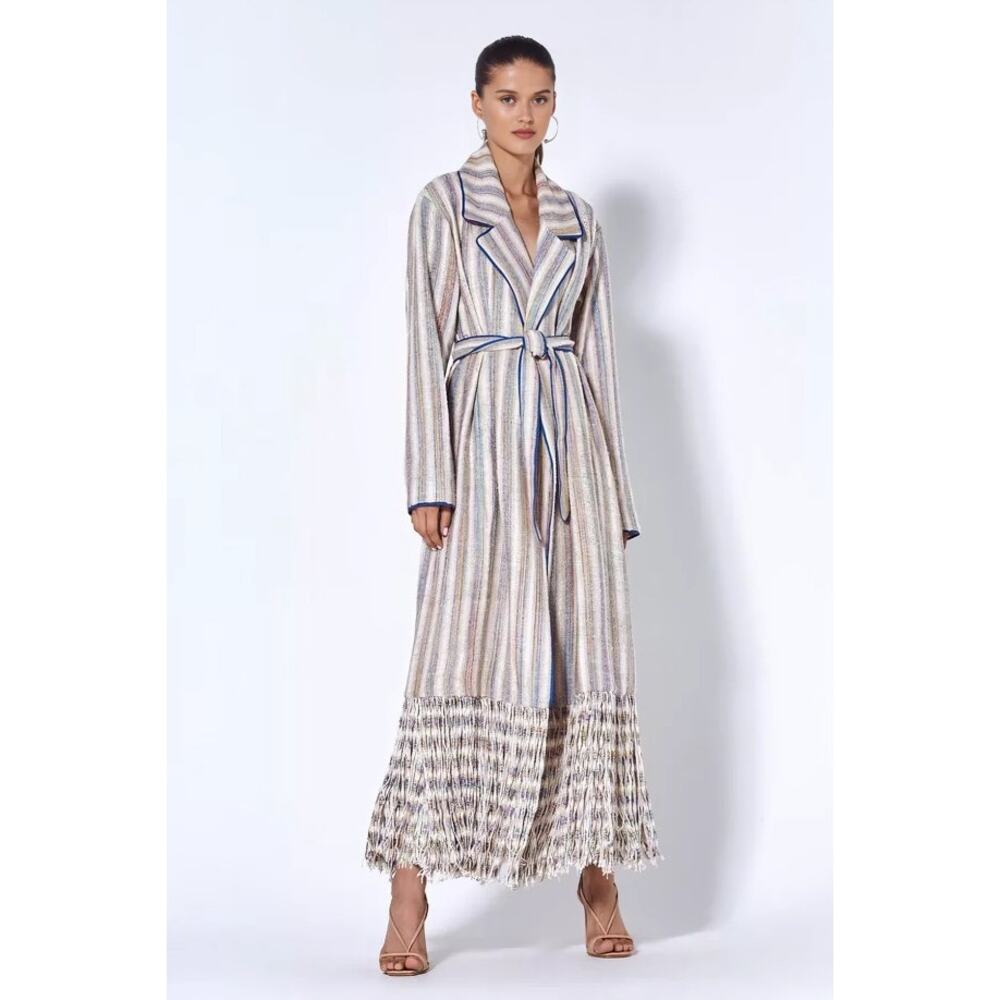 Alexis Massari Coat in Natural Beige Striped Large Long Sleeve Fringe Hem